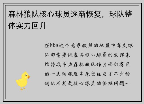 森林狼队核心球员逐渐恢复，球队整体实力回升