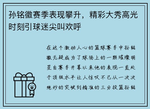 孙铭徽赛季表现攀升，精彩大秀高光时刻引球迷尖叫欢呼